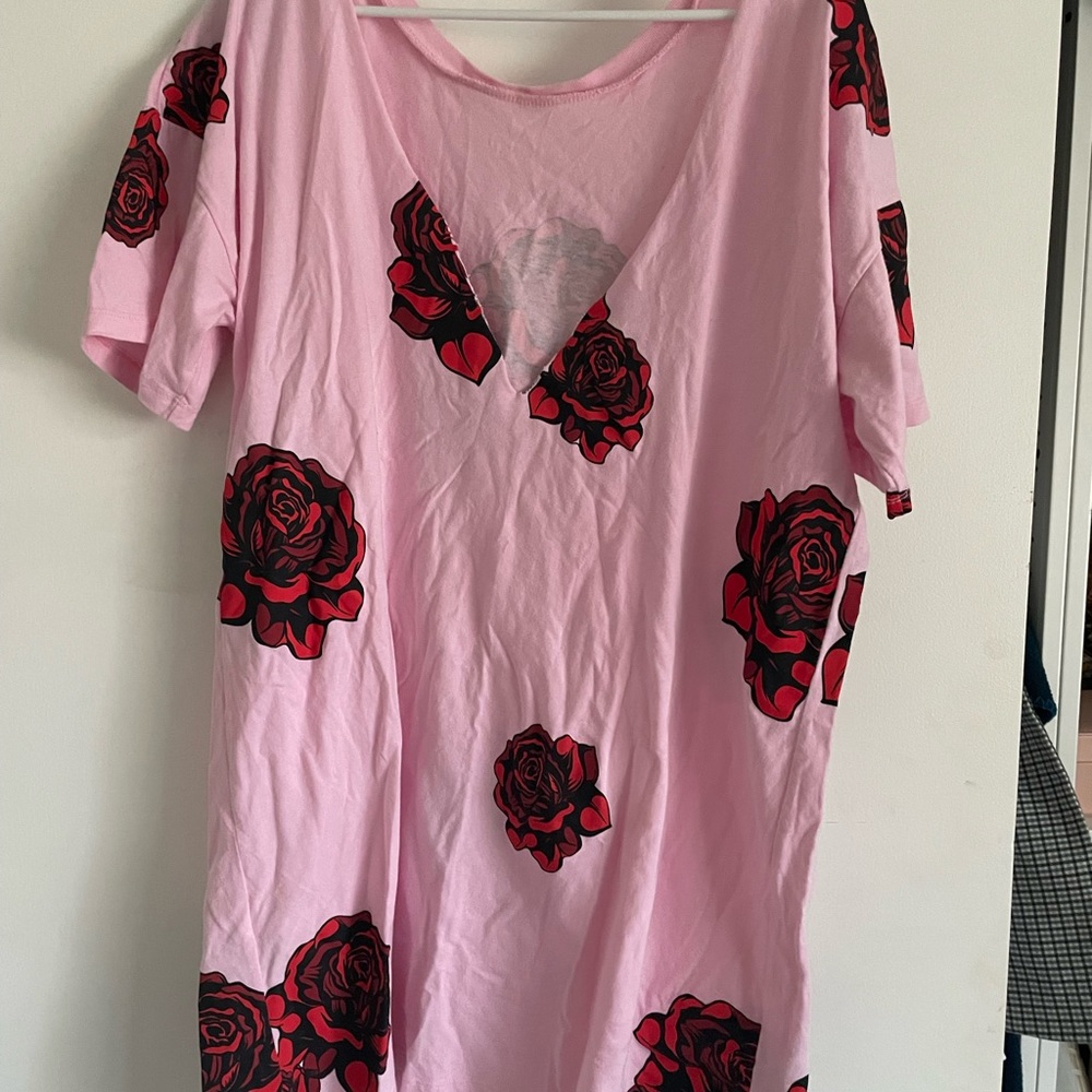 ASOS Mini Dress Oversized Shirt. Deep V Back. Pink Floral.